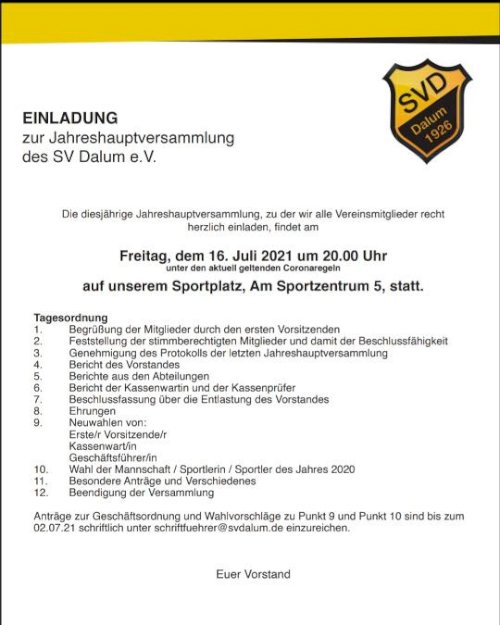 Einladung zur Jahreshauptversammlung 2021